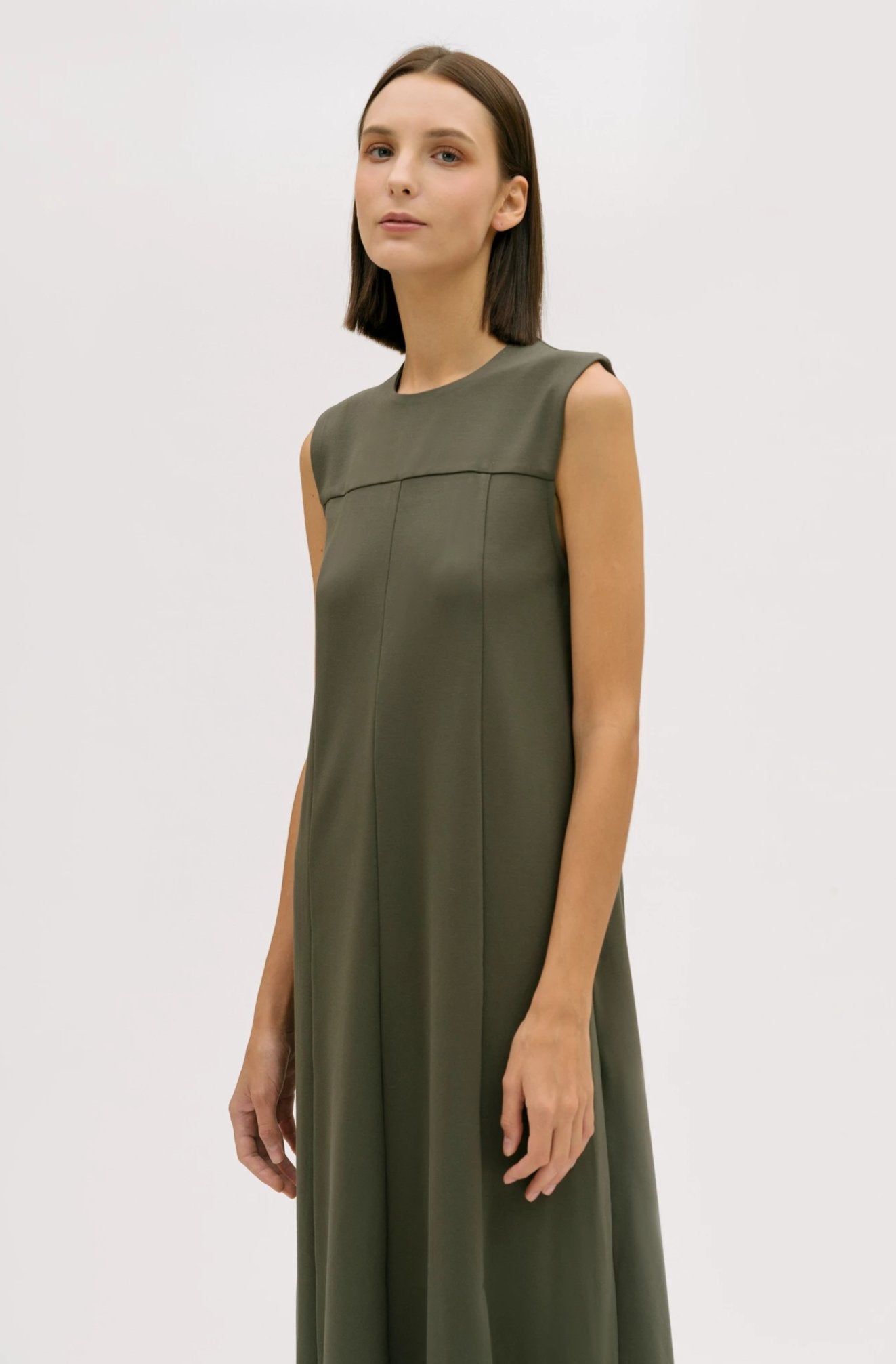 hher studios nature seam detail sleeveless belted dress dusty olive