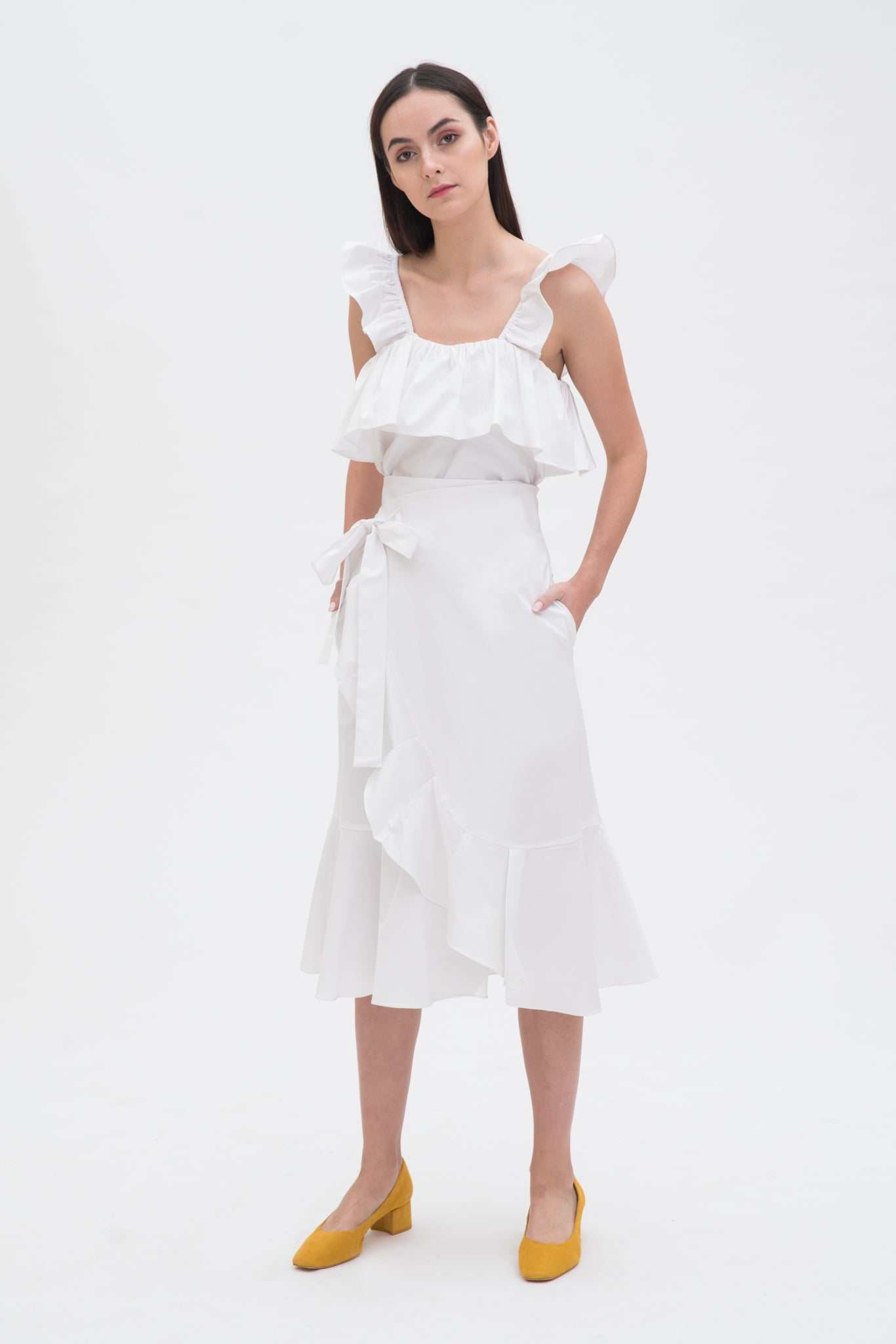 White ruffle wrap maxi skirt Clearance