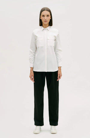 hher studios nature utilitarian long sleeve shirt white cotton pleat detail trousers black