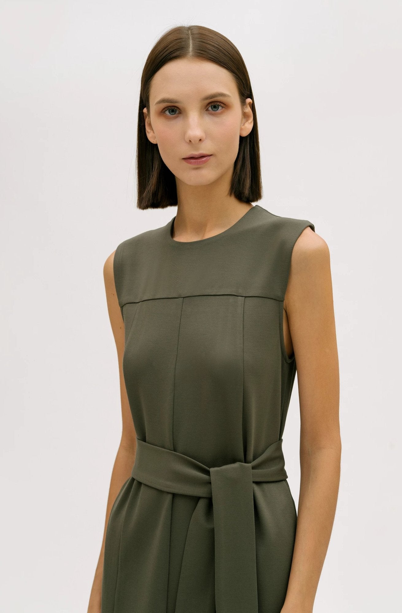 hher studios nature seam detail sleeveless belted dress dusty olive